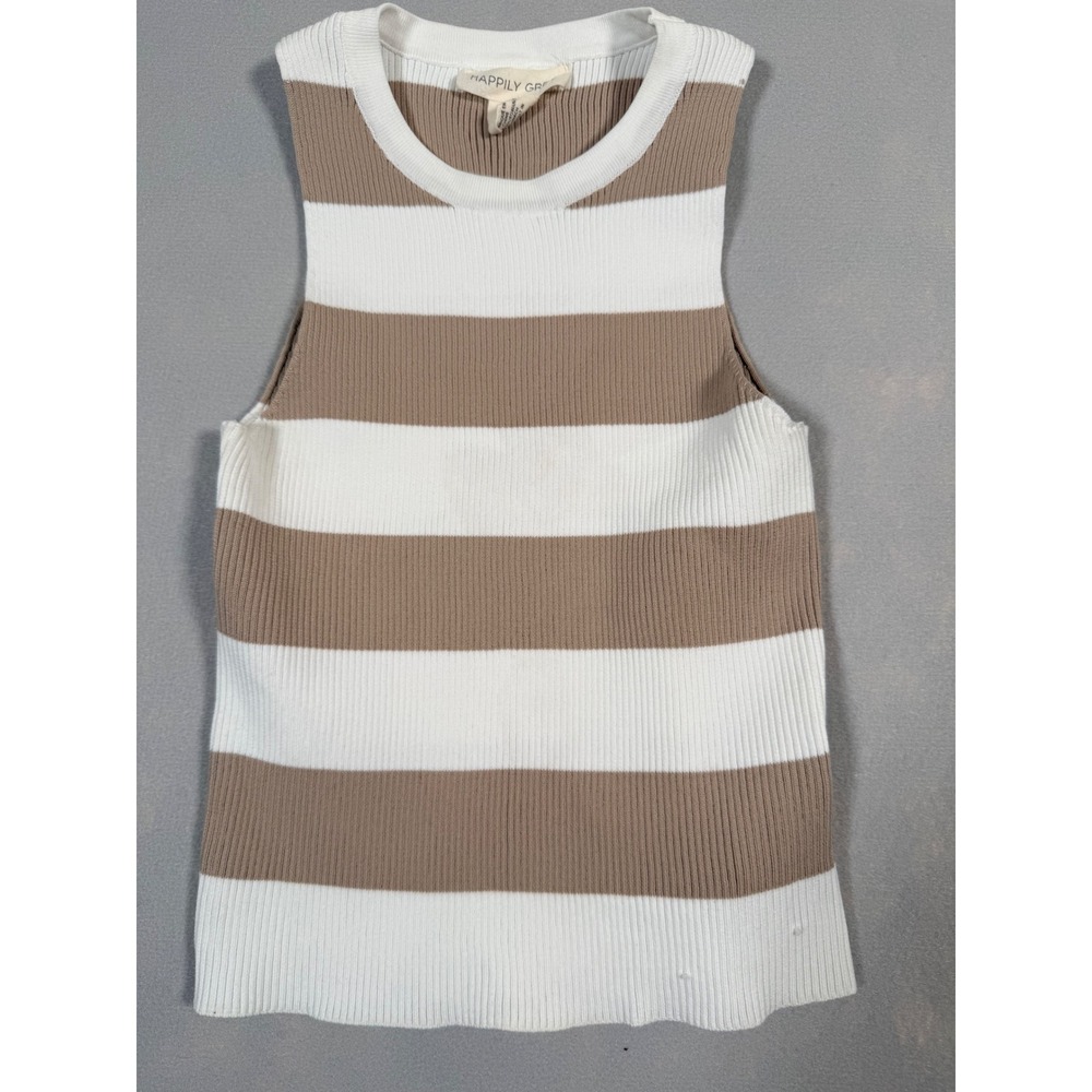 Happily‎ Grey Womens Tan White Striped Ribbed Knit Sleeveless Tank Top Size M